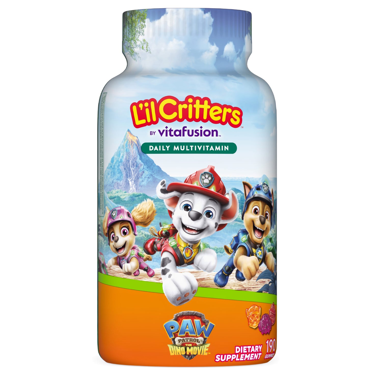Lil' Critters PAW Patrol Daily Multivitamin gummies bottle, 190 count, featuring popular characters and dietary benefits.