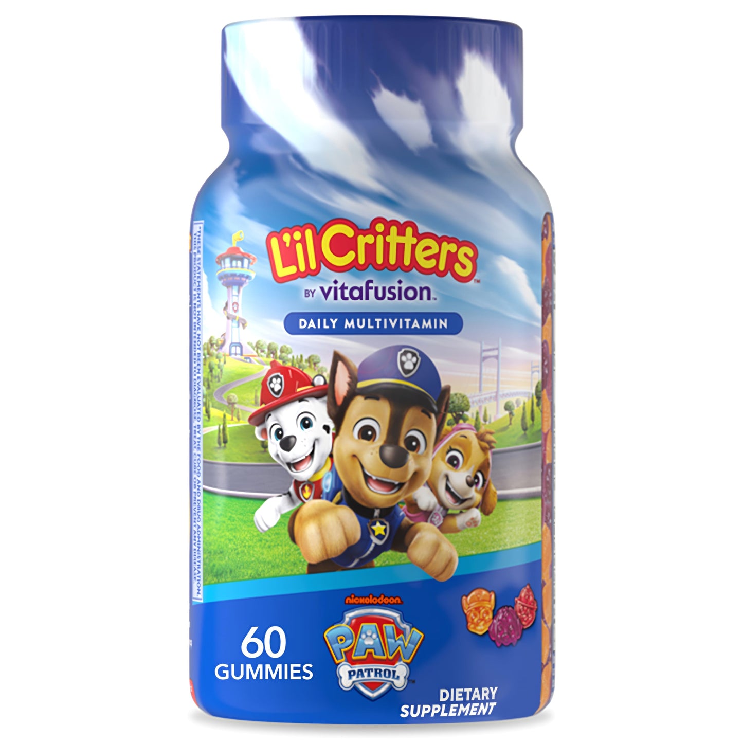 L'il Critters Daily Multivitamin 60 Gummies bottle featuring Paw Patrol characters, labeled as a dietary supplement.
