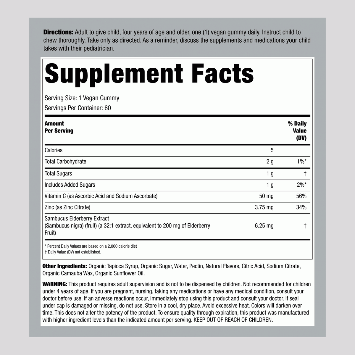 This image shows the Supplement Facts panel for Kids Elderberry Complex 60 Gummies.
