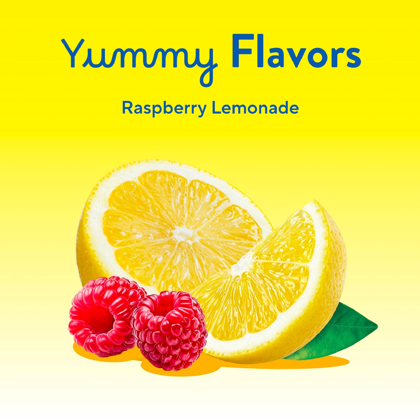 Graphic with 'Yummy Flavors' text, showing 'Raspberry Lemonade' with raspberries, lemon slices, and a green leaf.