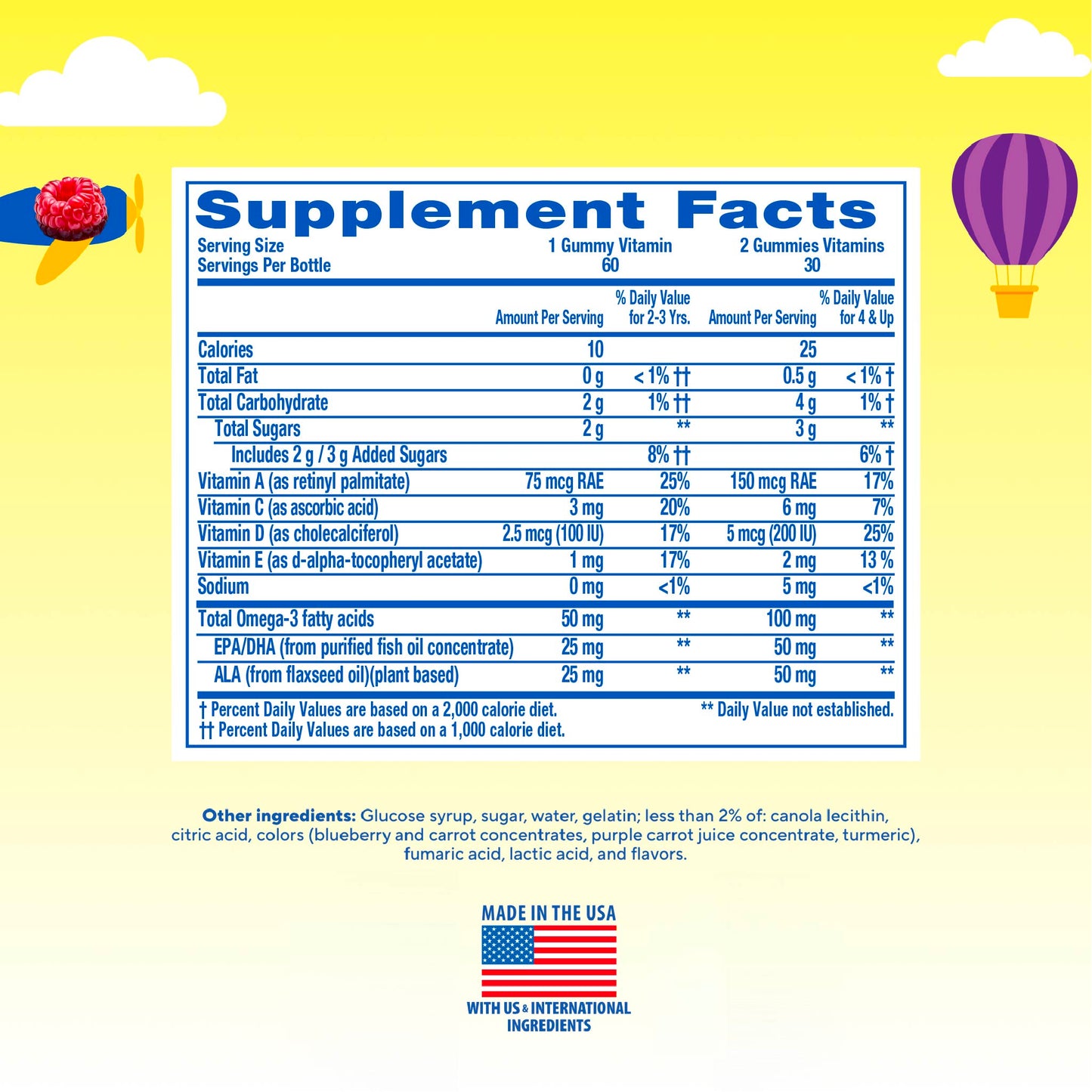 Supplement Facts panel of LC Kids Omega-3 4/3, featuring 60 Gummies.