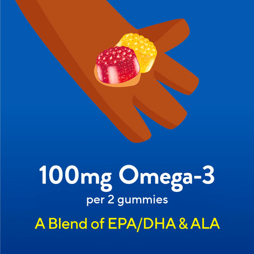 LC Kids Omega-3 Gummies, two in a hand, are red and yellow. Text: '100mg Omega-3 per 2 gummies, A Blend of EPA/DHA & ALA.'