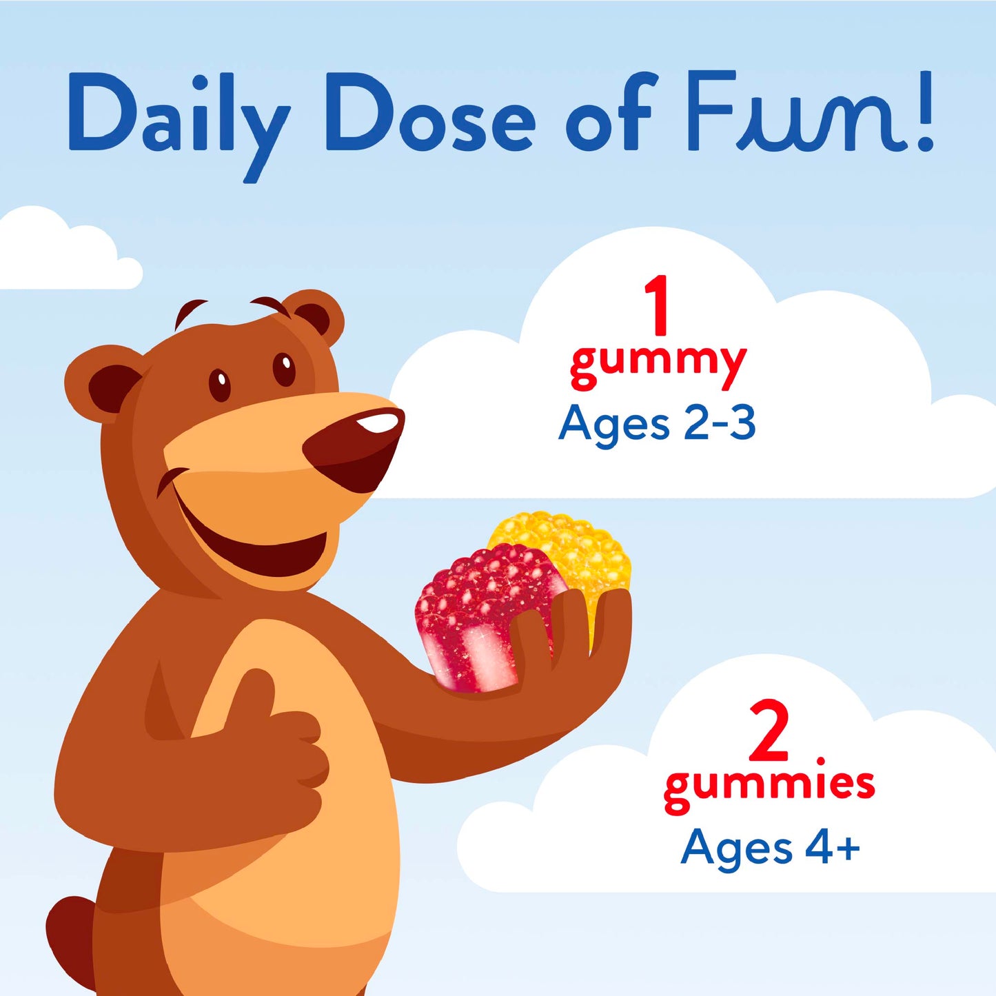 Cartoon bear with red and yellow gummies, text 'Daily Dose of Fun!', '1 gummy Ages 2-3', '2 gummies Ages 4+'.