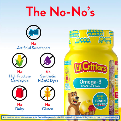 Omega-3 gummies free from artificial sweeteners, high fructose corn syrup, synthetic FD&C dyes, dairy, and gluten.