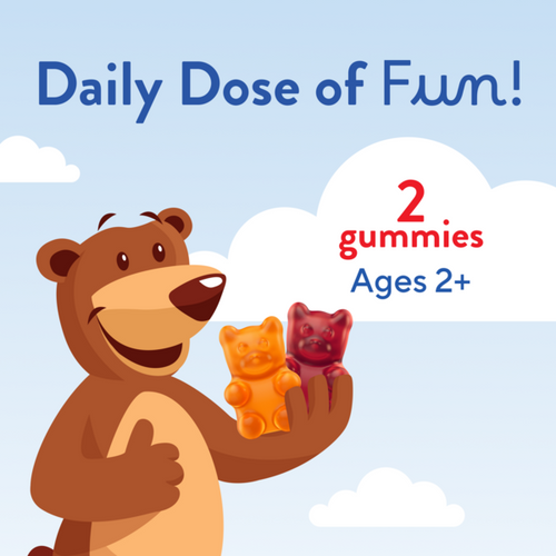 Cartoon bear with two gummies, orange and red. Text: Daily Dose of Fun!, 2 gummies, Ages 2+.