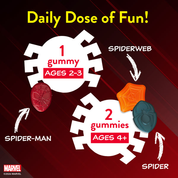 Spiderman Kids Multi Gummies with dosage instructions: 1 gummy for Ages 2-3, 2 gummies for Ages 4+. Shapes include Spider-Man, Spiderweb, Spider.