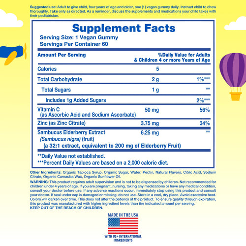Supplement Facts for Kids Elderberry Complex 60 Gummies, detailing nutritional information and ingredients.