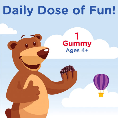 A smiling cartoon bear holds a dark berry gummy. Text reads 'Daily Dose of Fun!' and '1 Gummy Ages 4+'.