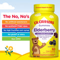 Elderberry Gummies bottle with icons indicating no artificial sweeteners, synthetic dyes, high fructose corn syrup, gluten, dairy, and non-GMO.