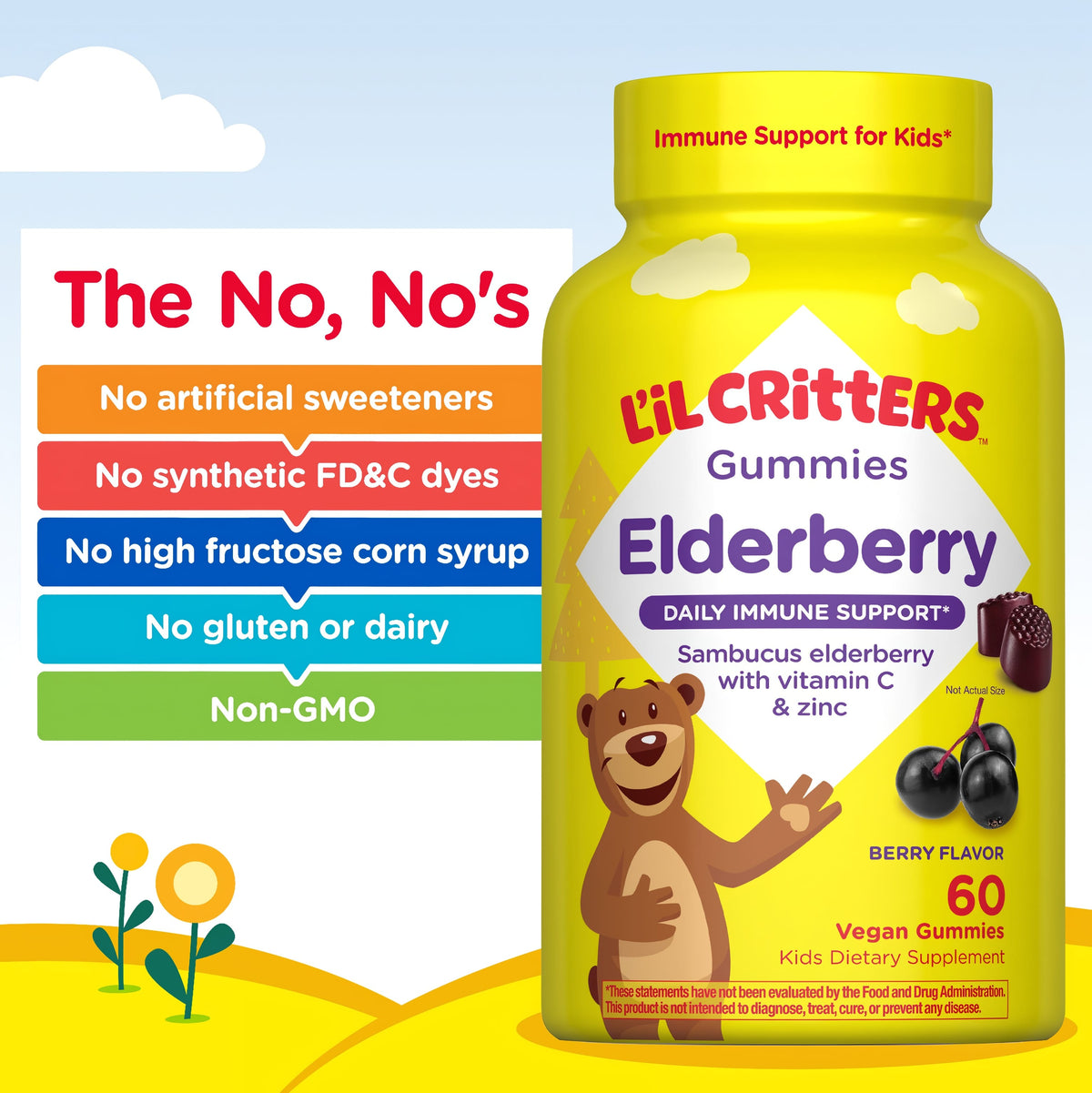 Elderberry Gummies bottle with icons indicating no artificial sweeteners, synthetic dyes, high fructose corn syrup, gluten, dairy, and non-GMO.