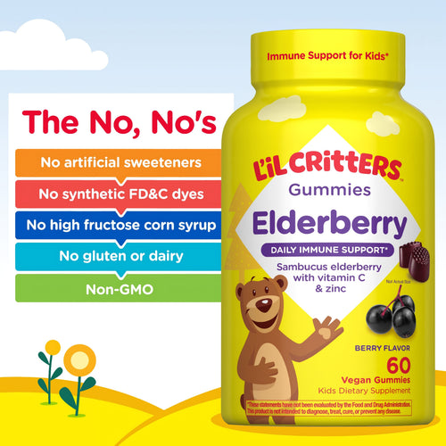 Elderberry Gummies bottle with icons indicating no artificial sweeteners, synthetic dyes, high fructose corn syrup, gluten, dairy, and non-GMO.