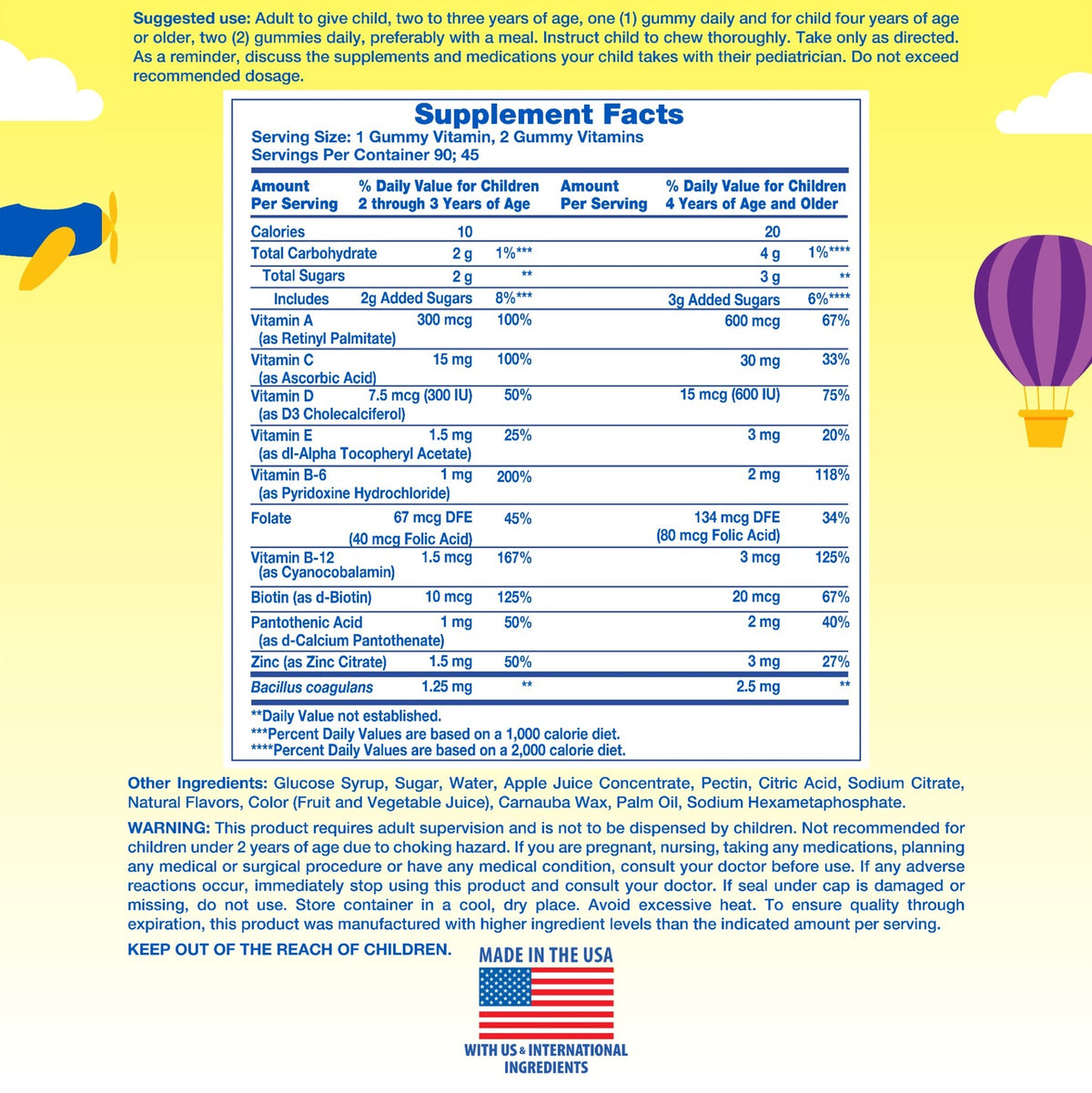 Supplement Facts label for LC Kids Multi + Probiotic 90 Gummies with detailed ingredient information.