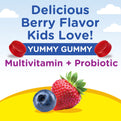 Product highlights graphic stating Delicious Berry Flavor Kids Love!, YUMMY GUMMY, Multivitamin + Probiotic.