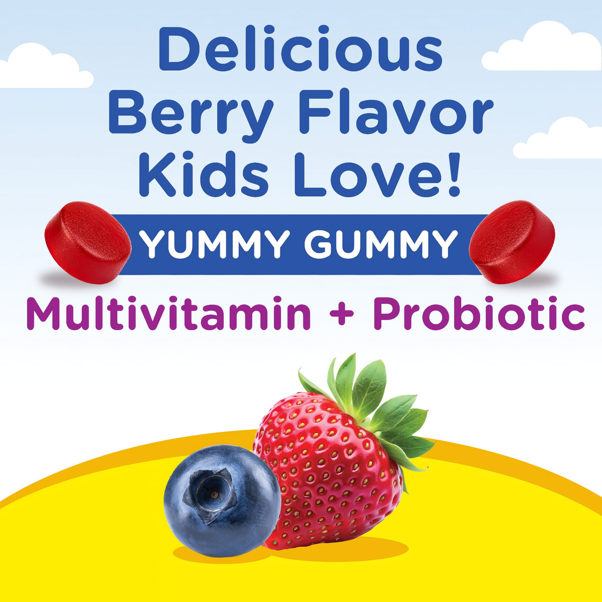 Product highlights graphic stating Delicious Berry Flavor Kids Love!, YUMMY GUMMY, Multivitamin + Probiotic.