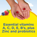 Product highlights graphic stating Essential vitamins A, C, D, E, B's, plus Zinc and probiotics.