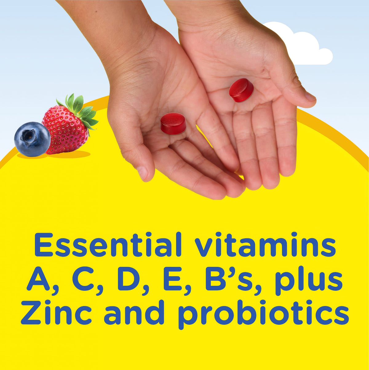 Product highlights graphic stating Essential vitamins A, C, D, E, B's, plus Zinc and probiotics.