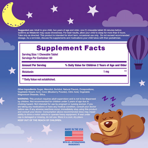 Supplement Facts panel detailing the content of Kids Melatonin 1 mg Chewable.