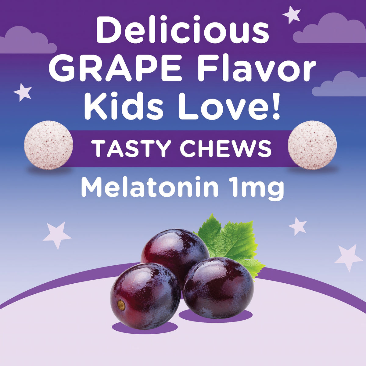 Product highlights graphic stating Delicious GRAPE Flavor Kids Love!, TASTY CHEWS, Melatonin 1mg.