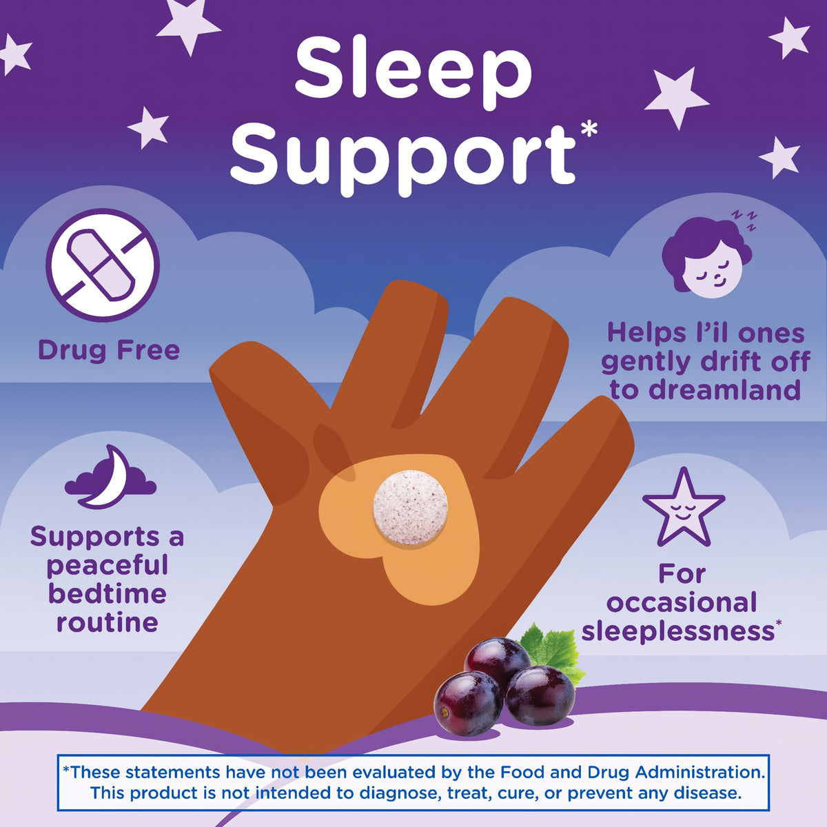 Product highlights graphic stating drug-free support for bedtime, helps little ones sleep, for occasional sleeplessness*.