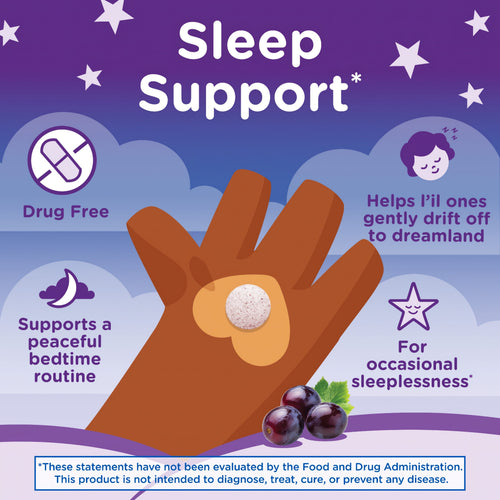 Product highlights graphic stating drug-free support for bedtime, helps little ones sleep, for occasional sleeplessness*.