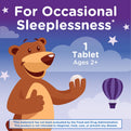Kids Melatonin 1 mg chewable graphic: For occasional sleeplessness*. Ages 2+. A cartoon bear holds a tablet.