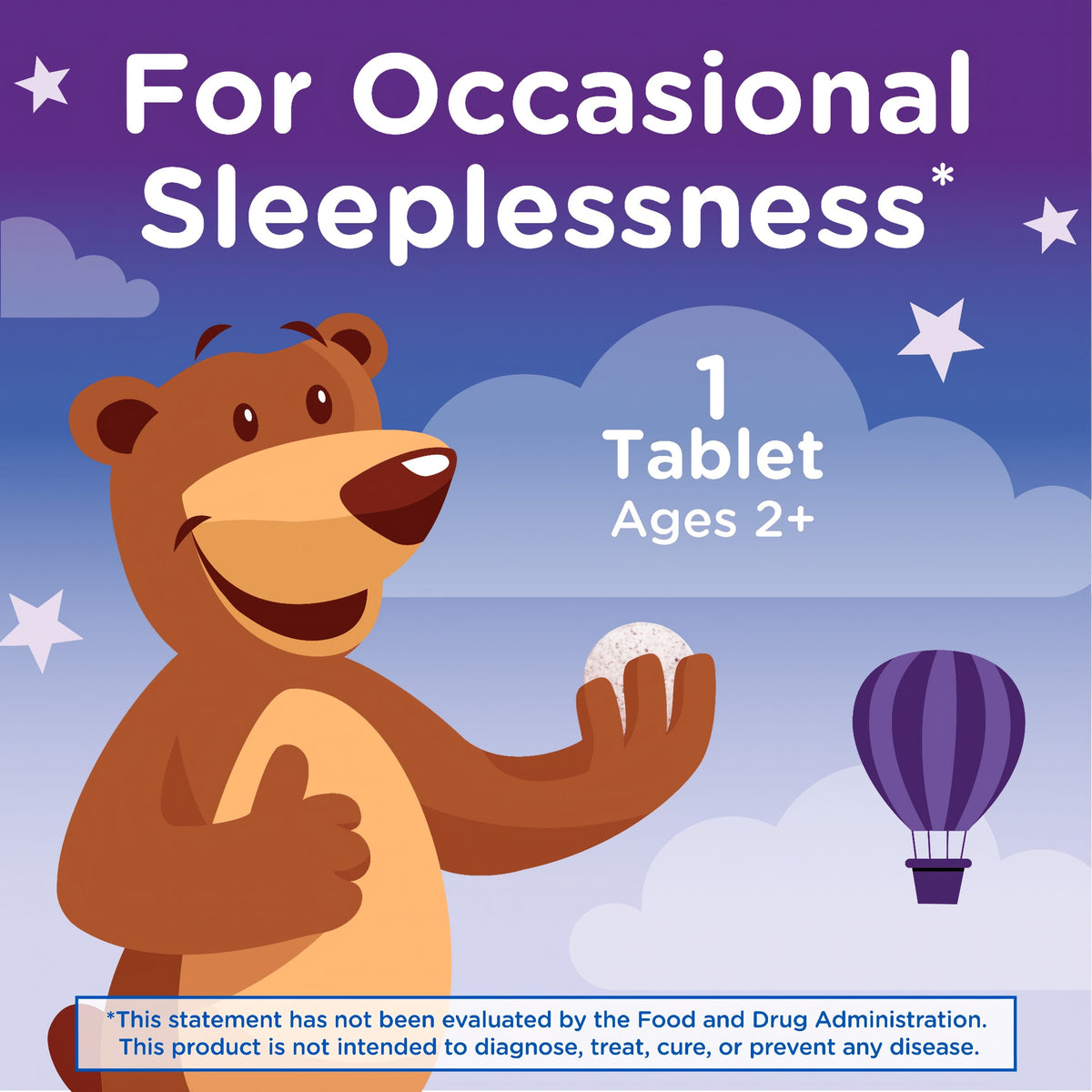 Kids Melatonin 1 mg chewable graphic: For occasional sleeplessness*. Ages 2+. A cartoon bear holds a tablet.