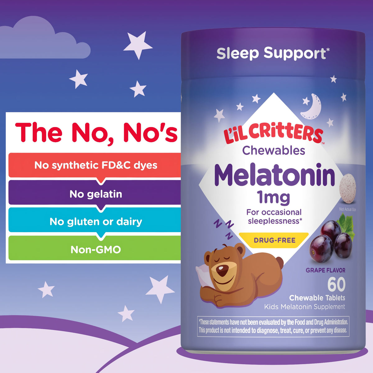 Kids Melatonin bottle with icons indicating no synthetic dyes, gelatin, gluten, dairy, and non-GMO.