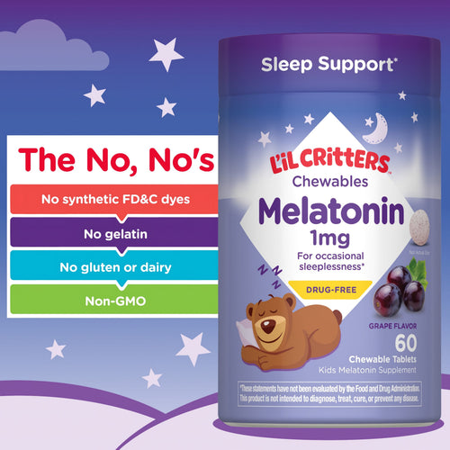 Kids Melatonin bottle with icons indicating no synthetic dyes, gelatin, gluten, dairy, and non-GMO.