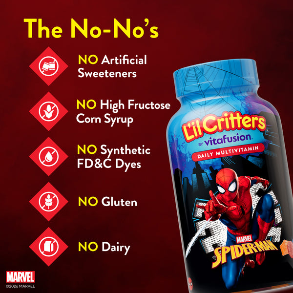 Spiderman Multivitamin bottle: NO Artificial Sweeteners, NO High Fructose Corn Syrup, NO Synthetic FD&C Dyes, NO Gluten, NO Dairy