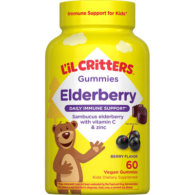 L'il Critters Elderberry Gummies provide daily immune support with vitamin C and zinc. Berry flavor, 60 vegan gummies.