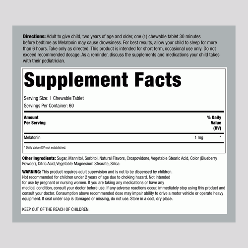 Supplement Facts panel for Kids Melatonin 1 mg Chewable.