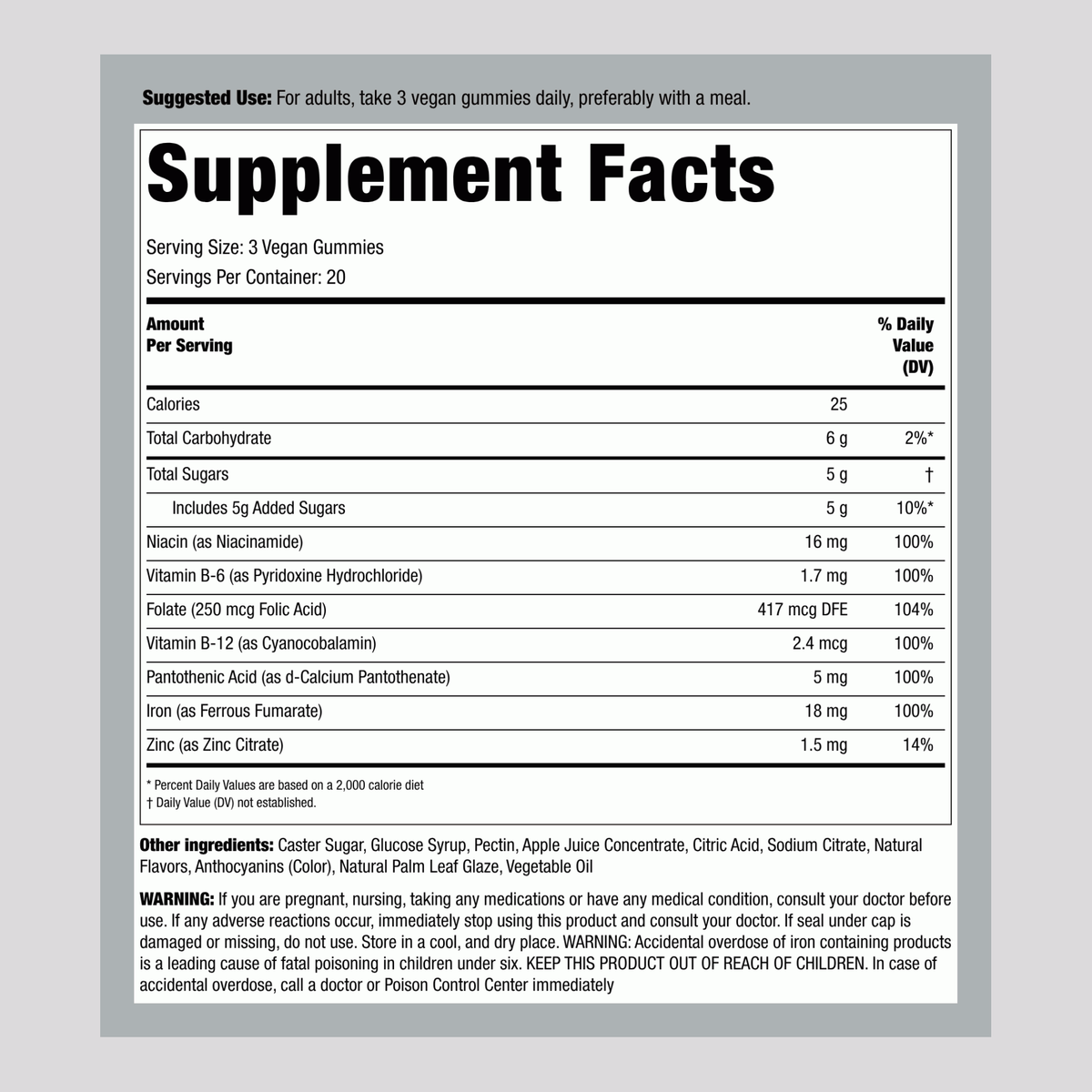 The Supplement Facts panel for LC Kids Iron + B, containing 18 mg of iron in 60 gummies, is displayed on the packaging.