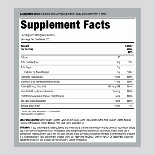 The Supplement Facts panel for LC Kids Iron + B, containing 18 mg of iron in 60 gummies, is displayed on the packaging.