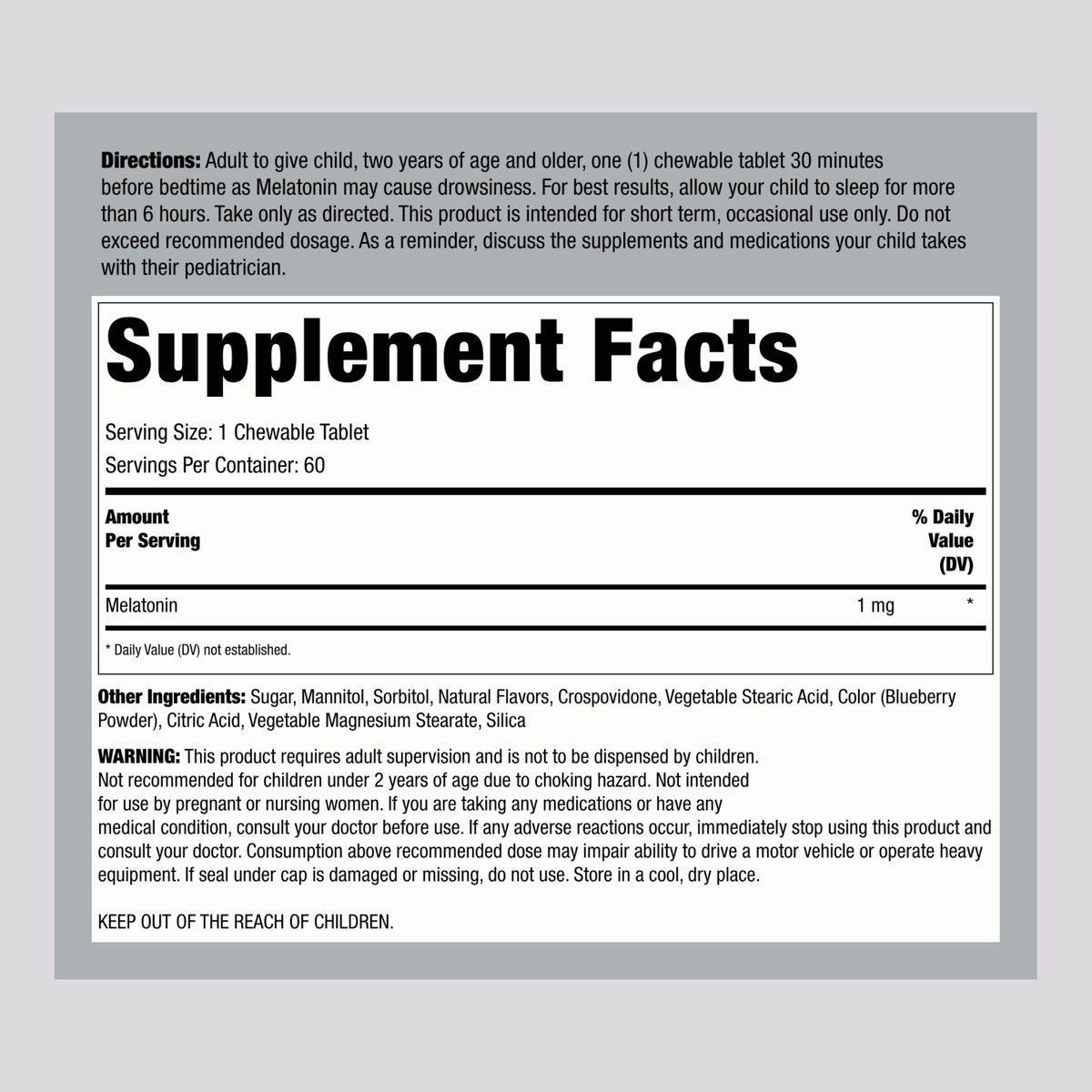 Supplement Facts panel for Kids Melatonin 1 mg Chewable.