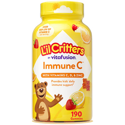L'il Critters Immune C gummies contain Vitamins C, D, and Zinc, offering 190 gummies per bottle for immune support.
