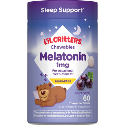 L'il Critters Kids Melatonin 1mg Chewable Tablets, Grape Flavor, 60 count, for occasional sleeplessness, drug-free.