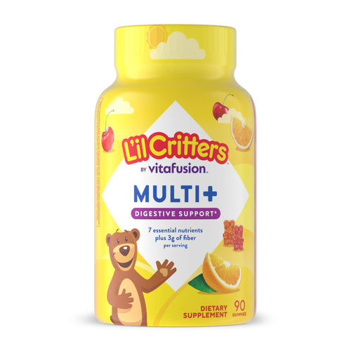 Lil' Critters by vitafusion MULTI+ DIGESTIVE SUPPORT* Dietary Supplement, 90 Gummies with 7 essential nutrients plus 3g of fiber per serving.