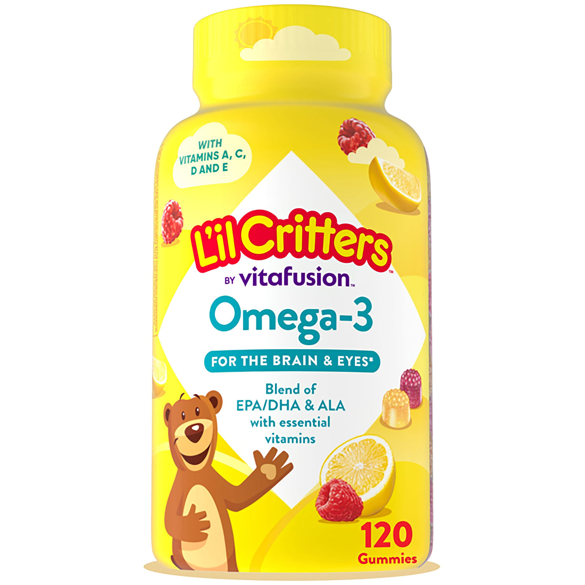 L'il Critters Omega-3 Gummies for the Brain and Eyes with Vitamins A, C, D, E, blend of EPA/DHA and ALA, 120 Gummies.