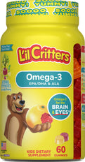 Lil Critters Omega-3 EPA/DHA & ALA kids dietary supplement with 60 gummies for brain and eye health.