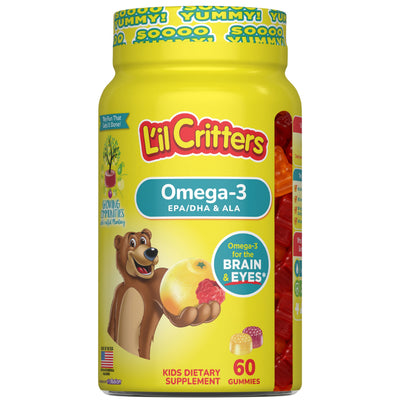 L'il Critters Omega-3 EPA/DHA & ALA kids dietary supplement with 60 gummies in bottle.