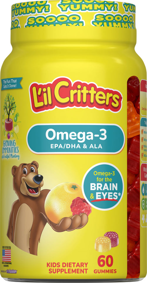 Lil Critters Omega-3 EPA/DHA & ALA kids dietary supplement with 60 gummies for brain and eye health.