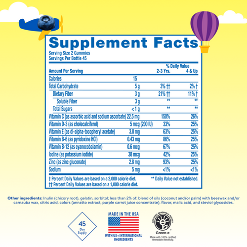 Image of Supplement Facts panel for LC Kids Multi + Fiber Gummy, 90 Count.