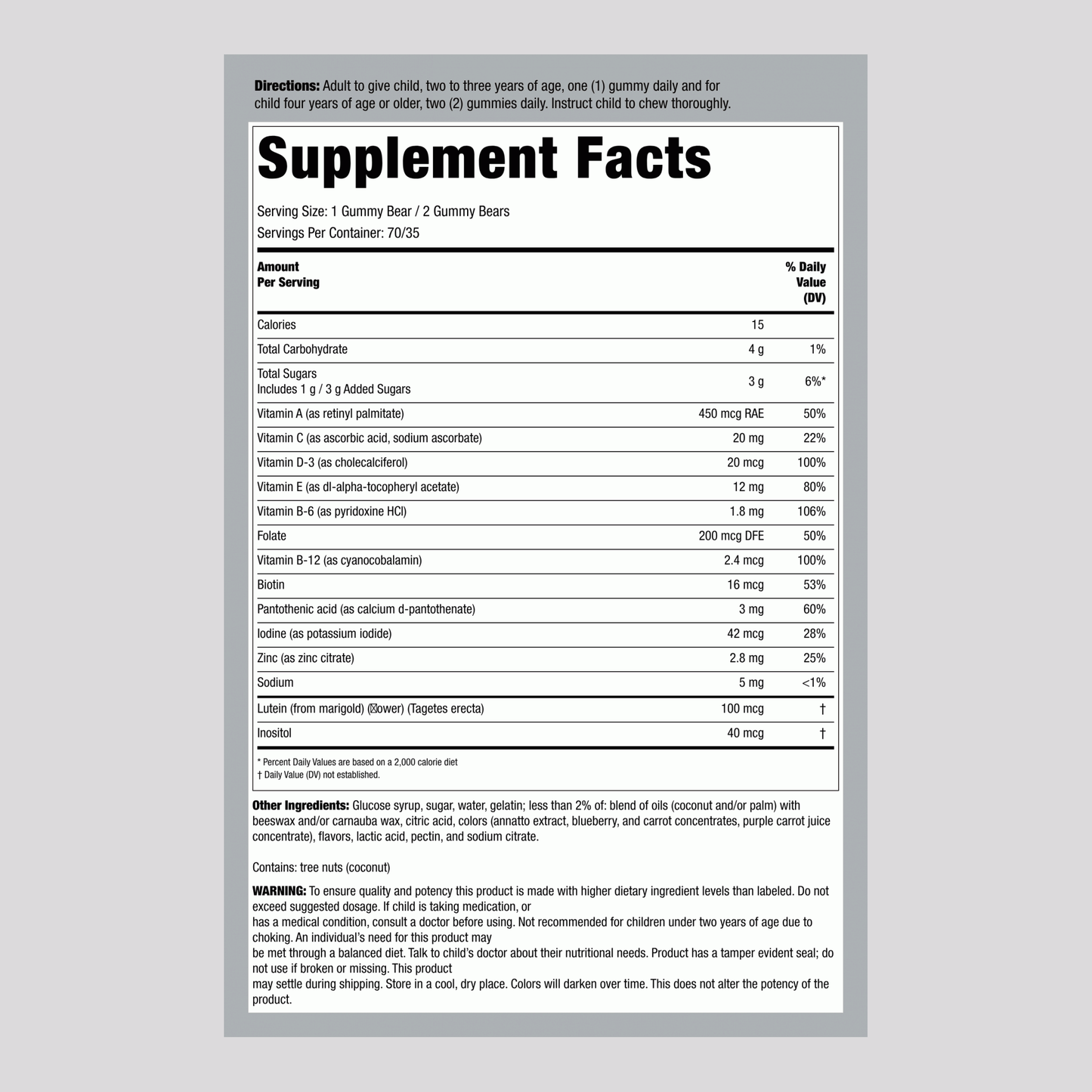 Supplement Facts label for LC Gummy Vites Kids Multi, 190 Count.