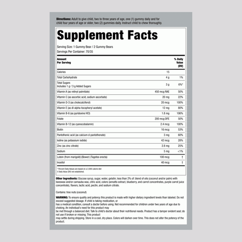 Supplement Facts label for LC Gummy Vites Kids Multi, 190 Count.
